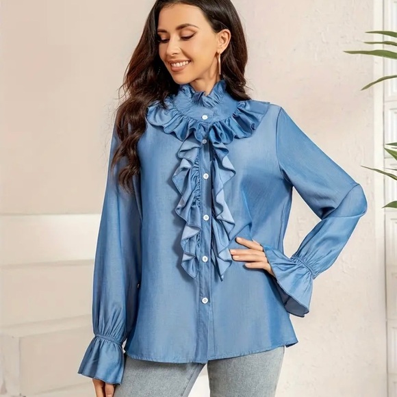 NEW WOMENS RUFFLE FRONT DETAIL TOP - Picture 3 of 5